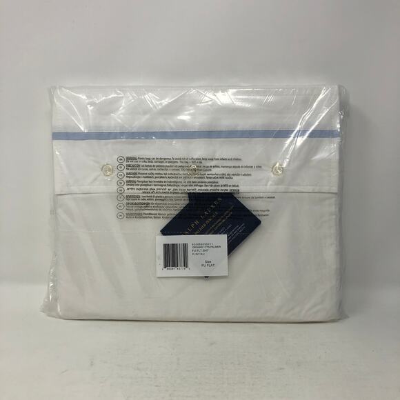 Ralph Lauren Organic Cotton Percale Palmer Full Flat Sheet White Pale Sky Blue - Picture 1 of 10
